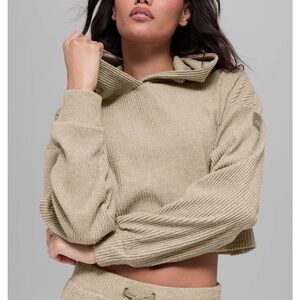 Alo sz XS Muse Hoodie in Gravel Heather Cropped Ribbed Yoga